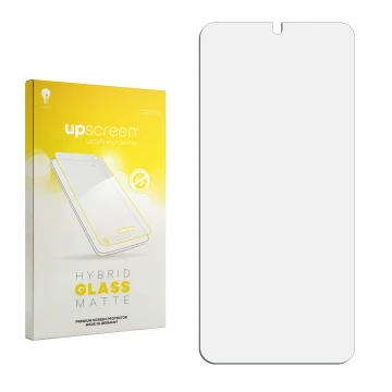 Front side of a product packaging with the brand logo upscreen. Next to it is the corresponding screen protector.