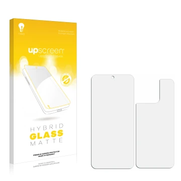 Front side of a product packaging with the brand logo upscreen. Next to it is the corresponding screen protector.
