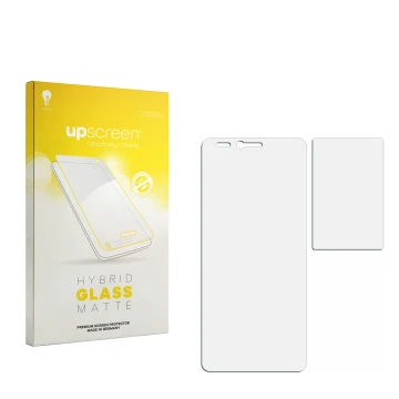 Front side of a product packaging with the brand logo upscreen. Next to it is the corresponding screen protector.