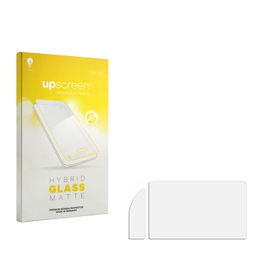 Front side of a product packaging with the brand logo upscreen. Next to it is the corresponding screen protector.