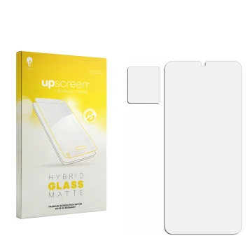 Front side of a product packaging with the brand logo upscreen. Next to it is the corresponding screen protector.