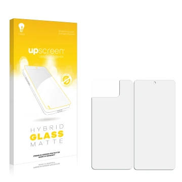 Front side of a product packaging with the brand logo upscreen. Next to it is the corresponding screen protector.