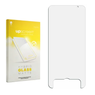 Front side of a product packaging with the brand logo upscreen. Next to it is the corresponding screen protector.