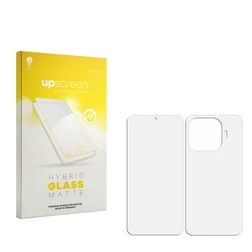 Front side of a product packaging with the brand logo upscreen. Next to it is the corresponding screen protector.