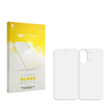 Front side of a product packaging with the brand logo upscreen. Next to it is the corresponding screen protector.