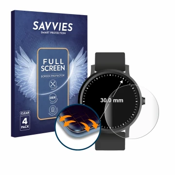 Front side of a product packaging with the brand logo Savvies. Next to it is the device Watches (Circular, ø: 30 mm) shown wit