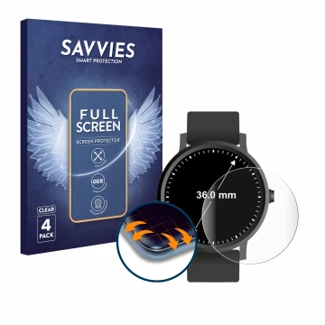 Front side of a product packaging with the brand logo Savvies. Next to it is the device Watches (Circular, ø: 36 mm) shown wit