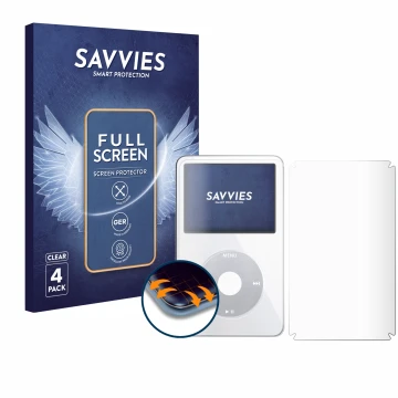 Front side of a product packaging with the brand logo Savvies. Next to it is the device Apple iPod Classic Video (Front+Back) 