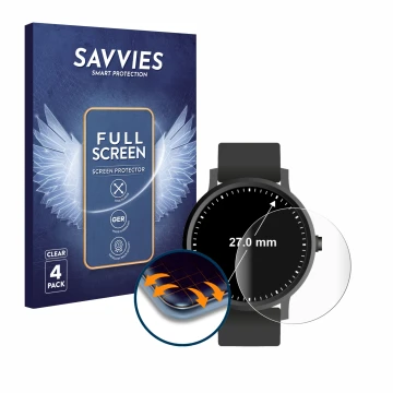 Front side of a product packaging with the brand logo Savvies. Next to it is the device Watches (Circular, ø: 27 mm) shown wit