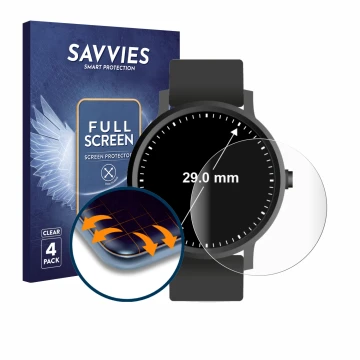 Front side of a product packaging with the brand logo Savvies. Next to it is the device Watches (Circular, ø: 29 mm) shown wit