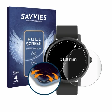 Front side of a product packaging with the brand logo Savvies. Next to it is the device Watches (circular, ø: 31 mm) shown wit