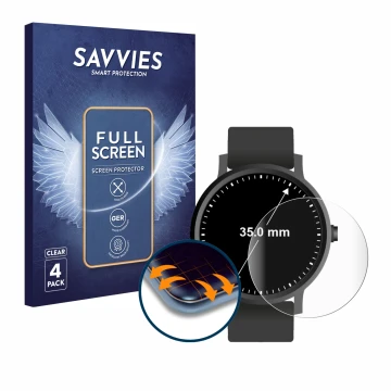 Front side of a product packaging with the brand logo Savvies. Next to it is the device Watches (Circular, ø: 35 mm) shown wit