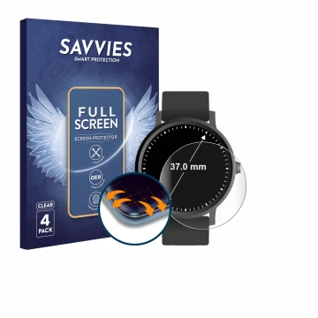 Front side of a product packaging with the brand logo Savvies. Next to it is the device Watches (Circular, ø: 37 mm) shown wit