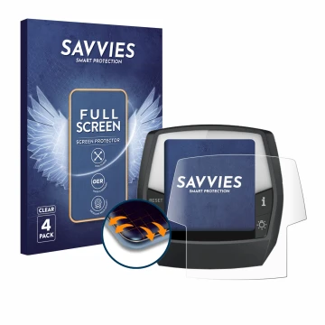 Front side of a product packaging with the brand logo Savvies. Next to it is the device Bosch Intuvia Performance Line shown w