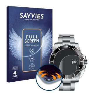 Front side of a product packaging with the brand logo Savvies. Next to it is the device Rolex Submariner (Date) shown with the