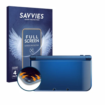 Front side of a product packaging with the brand logo Savvies. Next to it is the device Nintendo New 3DS XL (housing) shown wi