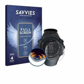 Front side of a product packaging with the brand logo Savvies. Next to it is the device Suunto Ambit3 Peak Black shown with th