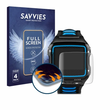 Front side of a product packaging with the brand logo Savvies. Next to it is the device Garmin Forerunner 920XT shown with the