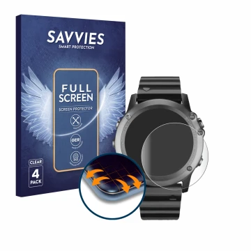 Front side of a product packaging with the brand logo Savvies. Next to it is the device Garmin Fenix 3 shown with the correspo