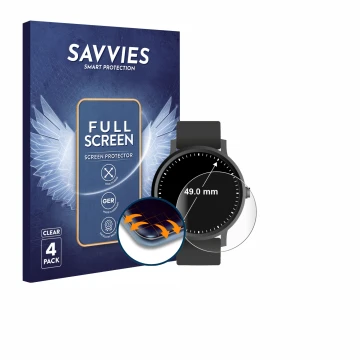 Front side of a product packaging with the brand logo Savvies. Next to it is the device Watches (Circular, ø: 49 mm) shown wit