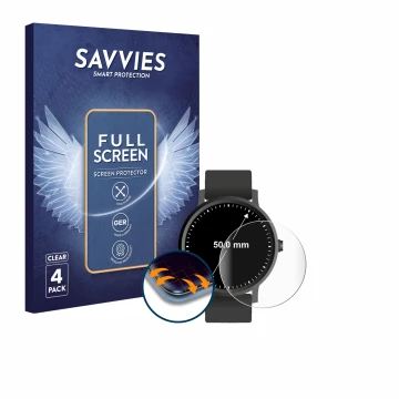 Front side of a product packaging with the brand logo Savvies. Next to it is the device Watches (Circular, ø: 50 mm) shown wit