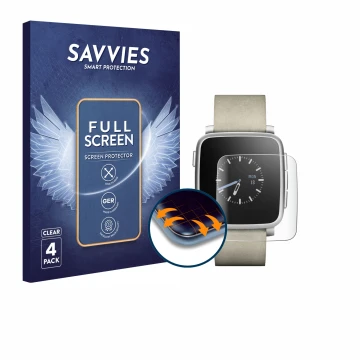 Front side of a product packaging with the brand logo Savvies. Next to it is the device Pebble Time Steel shown with the corre