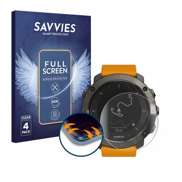 Front side of a product packaging with the brand logo Savvies. Next to it is the device Suunto Traverse shown with the corresp