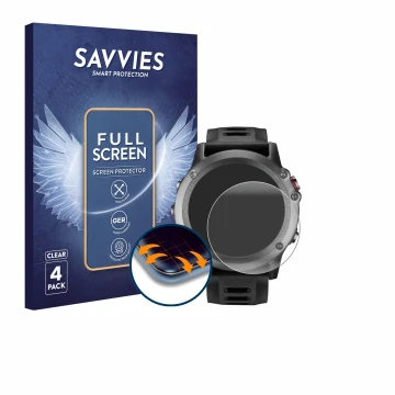 Front side of a product packaging with the brand logo Savvies. Next to it is the device Garmin Fenix 3 HR shown with the corre