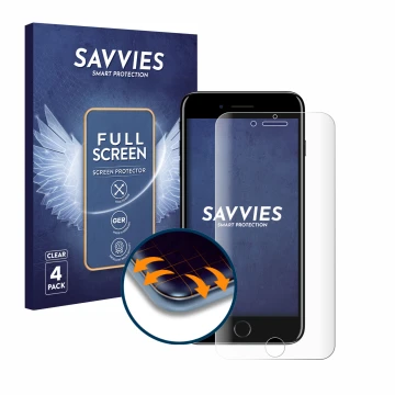 Front side of a product packaging with the brand logo Savvies. Next to it is the device Apple iPhone 7 Plus shown with the cor