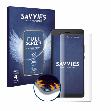 Front side of a product packaging with the brand logo Savvies. Next to it is the device Huawei P9 shown with the corresponding