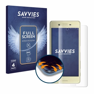 Front side of a product packaging with the brand logo Savvies. Next to it is the device Sony Xperia X shown with the correspon