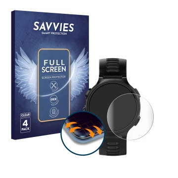 Front side of a product packaging with the brand logo Savvies. Next to it is the device Garmin Forerunner 735XT shown with the