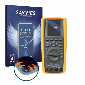 Front side of a product packaging with the brand logo Savvies. Next to it is the device Fluke MultiMeter 289 shown with the co