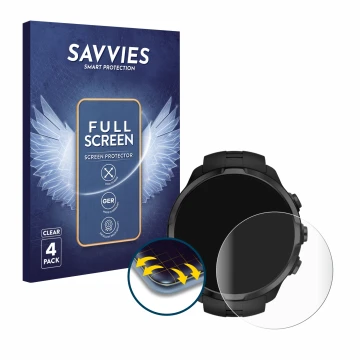 Front side of a product packaging with the brand logo Savvies. Next to it is the device Suunto Spartan Sport Wrist HR shown wi