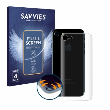 Front side of a product packaging with the brand logo Savvies. Next to it is the device Apple iPhone 7 Back (entire surface) s