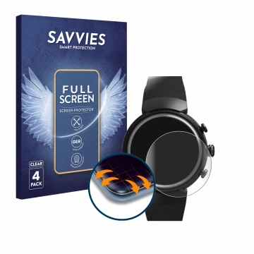 Front side of a product packaging with the brand logo Savvies. Next to it is the device ASUS ZenWatch 3 1.39
