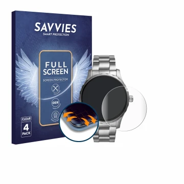 Front side of a product packaging with the brand logo Savvies. Next to it is the device Fossil Q Marshal (2.Gen) shown with th