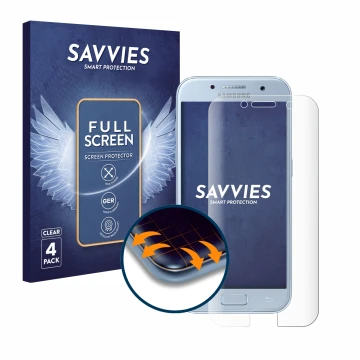Front side of a product packaging with the brand logo Savvies. Next to it is the device Samsung Galaxy A5 2017 shown with the 
