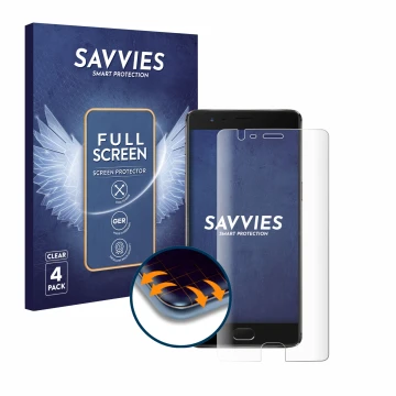 Front side of a product packaging with the brand logo Savvies. Next to it is the device OnePlus 3T shown with the correspondin