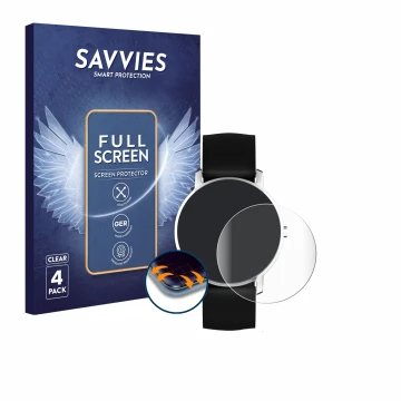Front side of a product packaging with the brand logo Savvies. Next to it is the device Nokia Activité Steel HR (36 mm) shown 