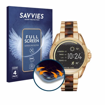 Front side of a product packaging with the brand logo Savvies. Next to it is the device Michael Kors Access Bradshaw shown wit
