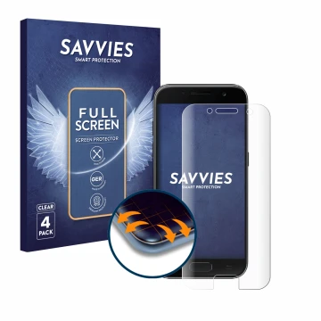 Front side of a product packaging with the brand logo Savvies. Next to it is the device Samsung Galaxy A3 2017 shown with the 