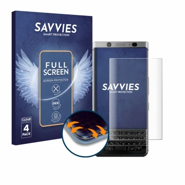 Front side of a product packaging with the brand logo Savvies. Next to it is the device BlackBerry Keyone shown with the corre