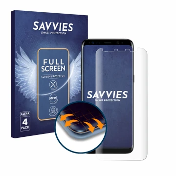 Front side of a product packaging with the brand logo Savvies. Next to it is the device Samsung Galaxy S8 shown with the corre