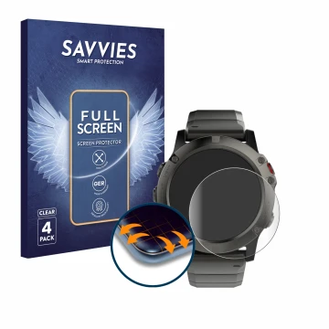 Front side of a product packaging with the brand logo Savvies. Next to it is the device Garmin Fenix 5X (51 mm) shown with the