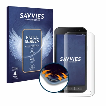 Front side of a product packaging with the brand logo Savvies. Next to it is the device Samsung Galaxy XCover 4 shown with the