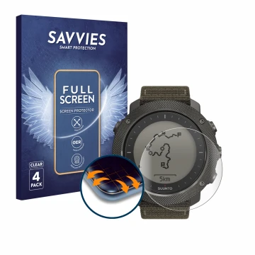 Front side of a product packaging with the brand logo Savvies. Next to it is the device Suunto Traverse Alpha shown with the c