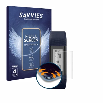 Front side of a product packaging with the brand logo Savvies. Next to it is the device Garmin Vivosmart HR+ shown with the co