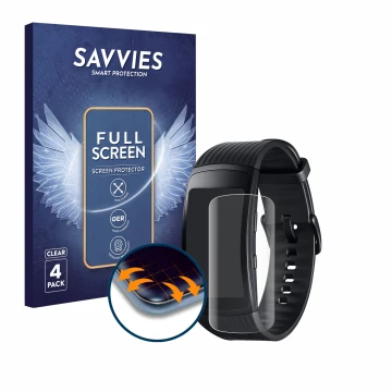 Front side of a product packaging with the brand logo Savvies. Next to it is the device Samsung Gear Fit 2 Pro shown with the 