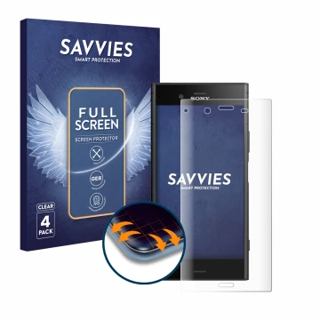 Front side of a product packaging with the brand logo Savvies. Next to it is the device Sony Xperia XZ1 shown with the corresp